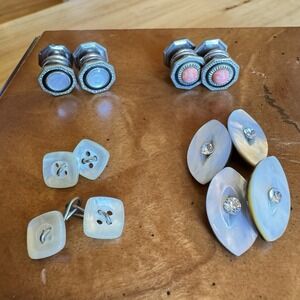 Lot 4 Vintage Cufflinks MOP Rhinestone & Deco Style Coral & White Sets